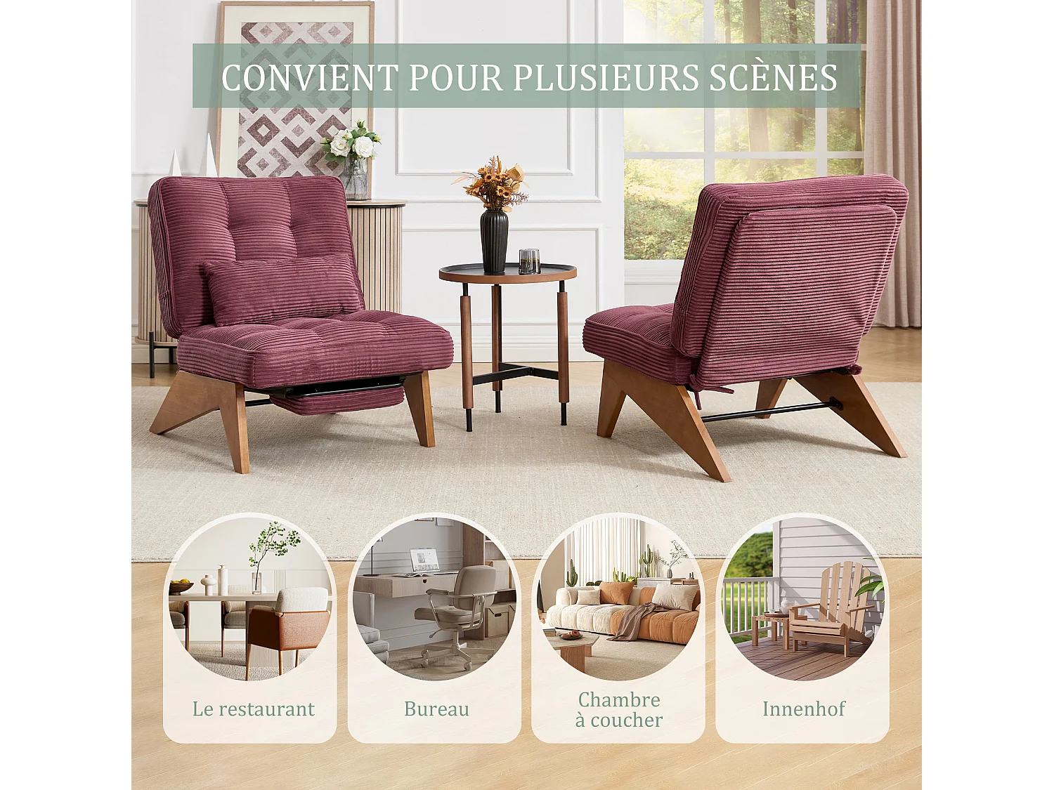 Sienna - Fauteuil Relax avec Dossier Réglable - Fauteuil Tissu avec Pieds en Bois Massif et Repose-Pieds Extensible - Confort Optimal pour Salon, Chambre et Bureau