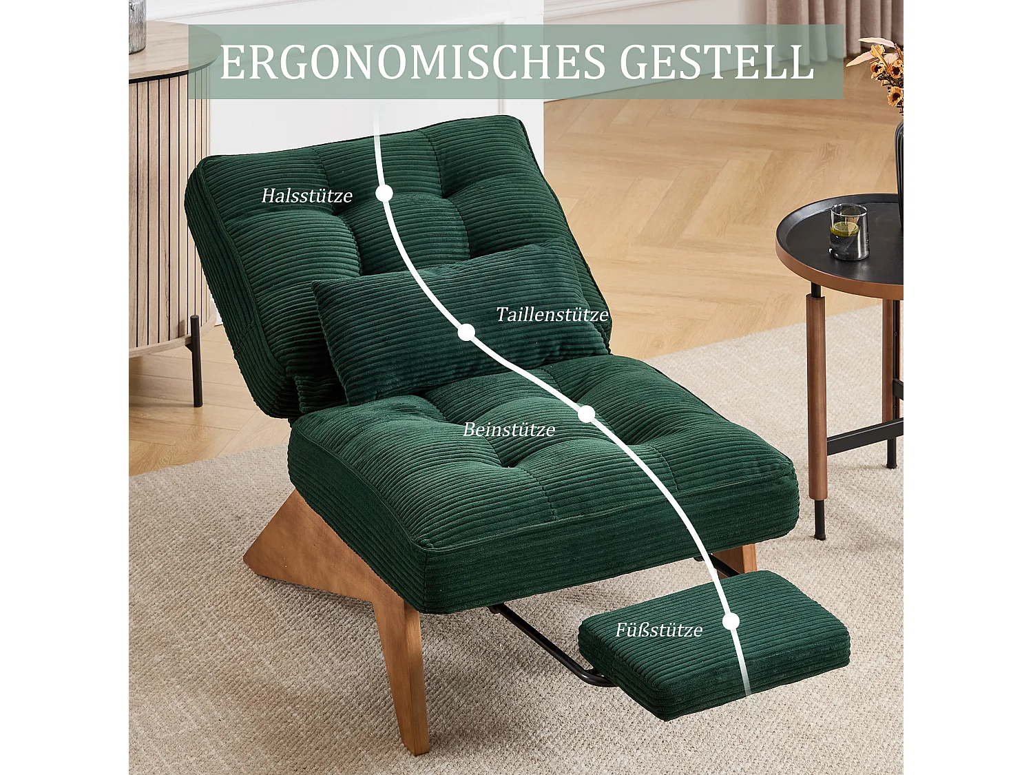 Sienna - Relaxfauteuil met Verstelbare Rugleuning - Stoffauteuil met Massief Houten Poten en Uittrekbaar Voetensteun - Optimale Comfort voor de Woonkamer, Slaapkame