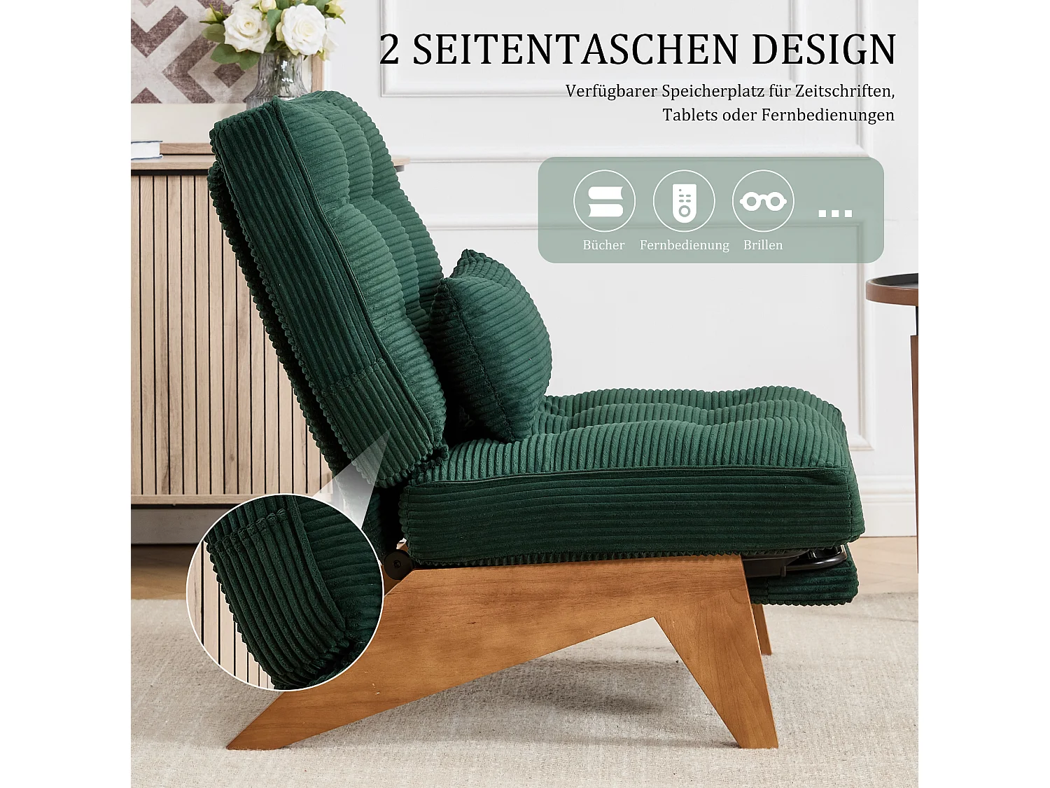 Sienna - Relaxfauteuil met Verstelbare Rugleuning - Stoffauteuil met Massief Houten Poten en Uittrekbaar Voetensteun - Optimale Comfort voor de Woonkamer, Slaapkame