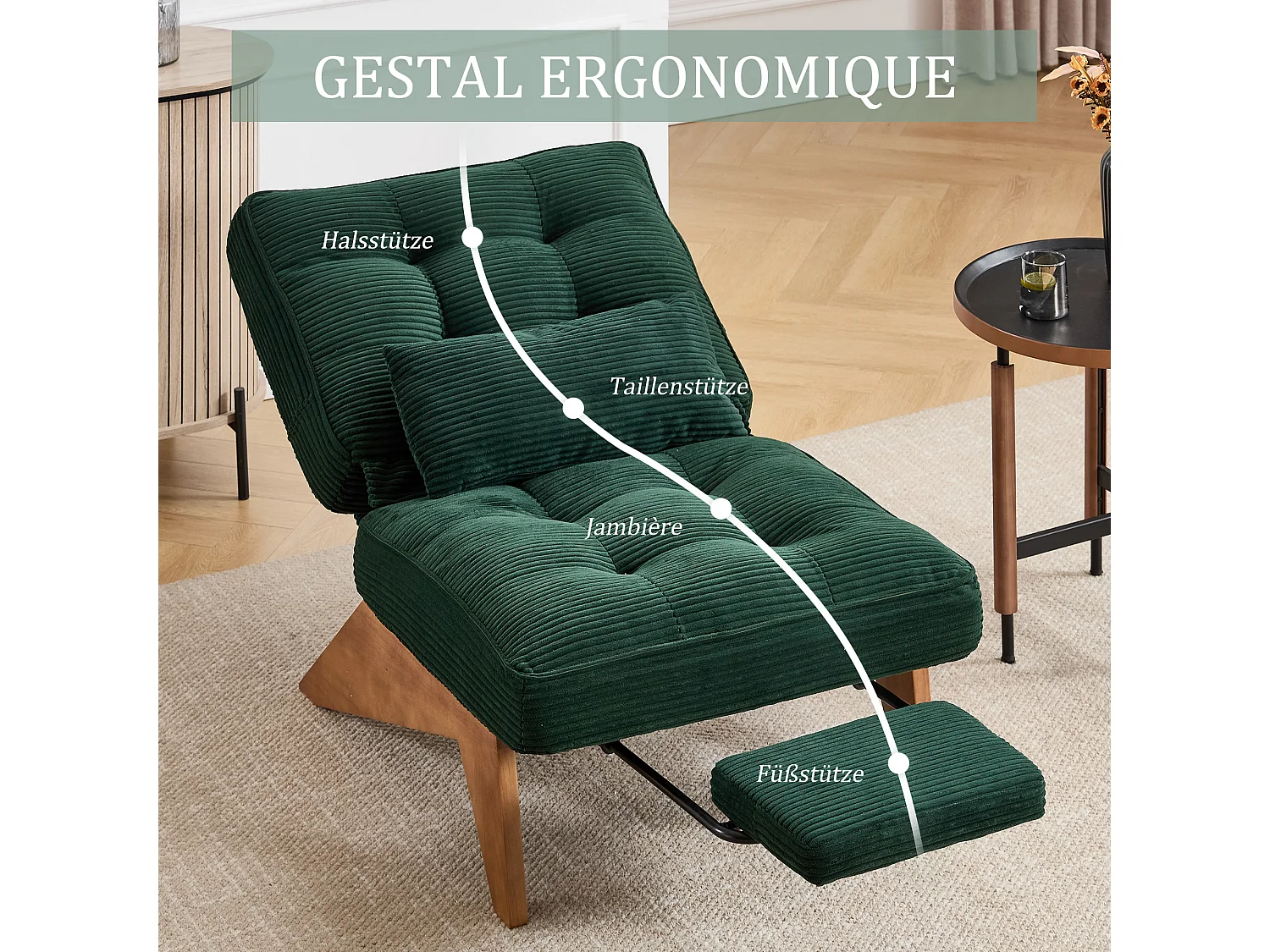 Sienna - Relaxfauteuil met Verstelbare Rugleuning - Stoffauteuil met Massief Houten Poten en Uittrekbaar Voetensteun - Optimale Comfort voor de Woonkamer, Slaapkame