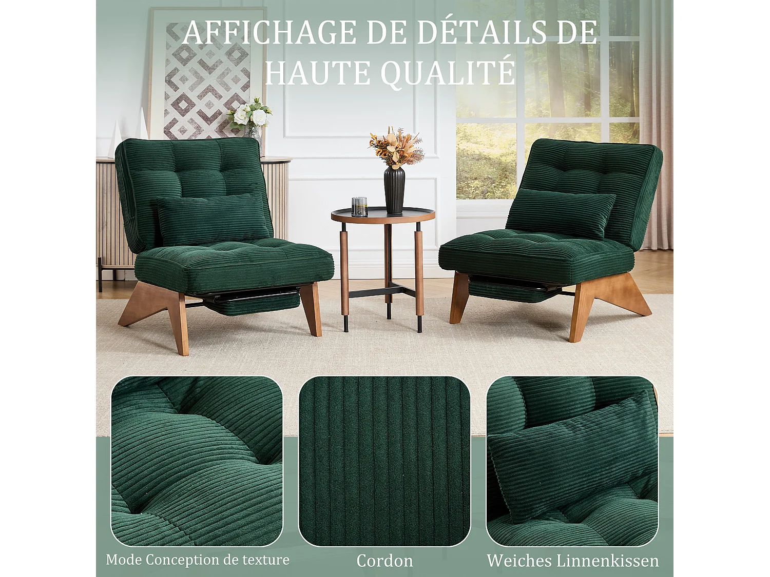 Sienna - Fauteuil Relax avec Dossier Réglable - Fauteuil Tissu avec Pieds en Bois Massif et Repose-Pieds Extensible - Confort Optimal pour Salon, Chambre et Bureau