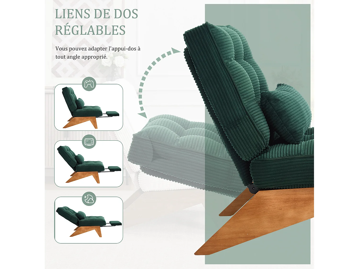 Sienna - Fauteuil Relax avec Dossier Réglable - Fauteuil Tissu avec Pieds en Bois Massif et Repose-Pieds Extensible - Confort Optimal pour Salon, Chambre et Bureau