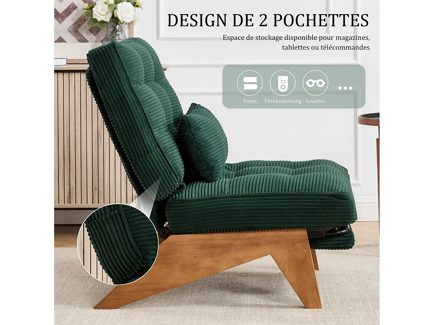 Sienna - Fauteuil Relax avec Dossier Réglable - Fauteuil Tissu avec Pieds en Bois Massif et Repose-Pieds Extensible - Confort Optimal pour Salon, Chambre et Bureau