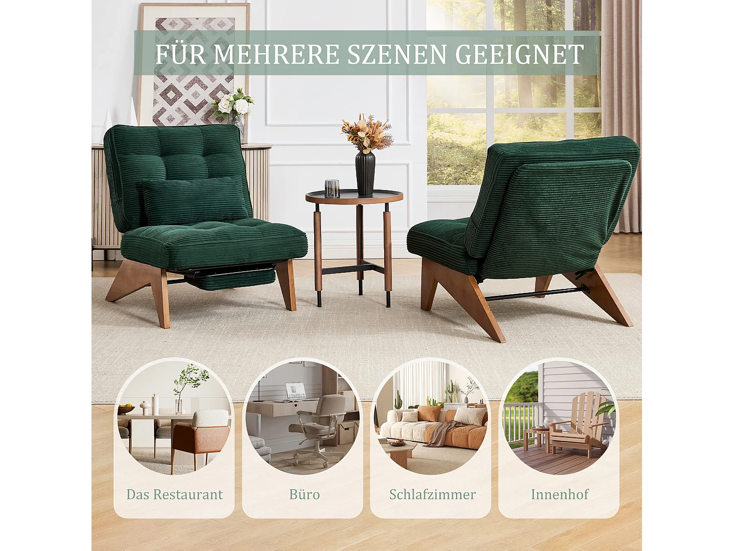 Sienna - Fauteuil Relax avec Dossier Réglable - Fauteuil Tissu avec Pieds en Bois Massif et Repose-Pieds Extensible - Confort Optimal pour Salon, Chambre et Bureau