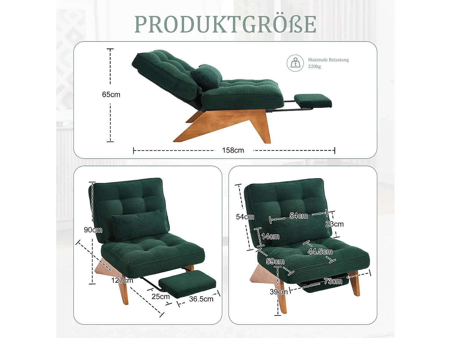 Sienna - Fauteuil Relax avec Dossier Réglable - Fauteuil Tissu avec Pieds en Bois Massif et Repose-Pieds Extensible - Confort Optimal pour Salon, Chambre et Bureau
