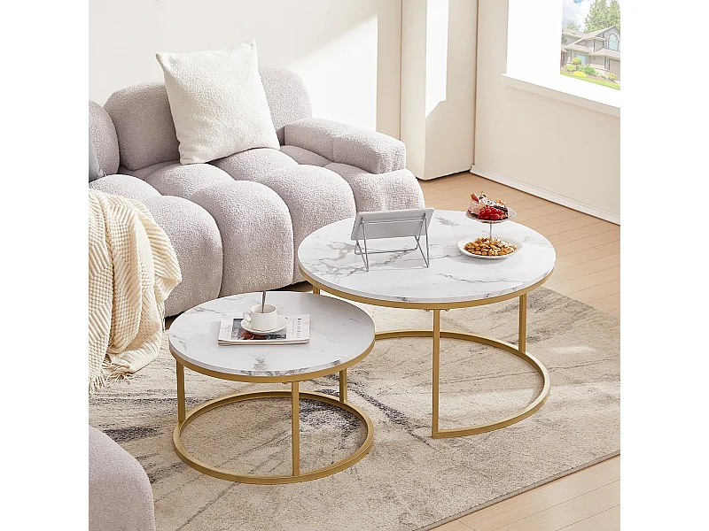Lot de 2 table basse marbre-table basse gigogne Ronde-table salon-80x45cm/60x35cm-cadre en métal doré