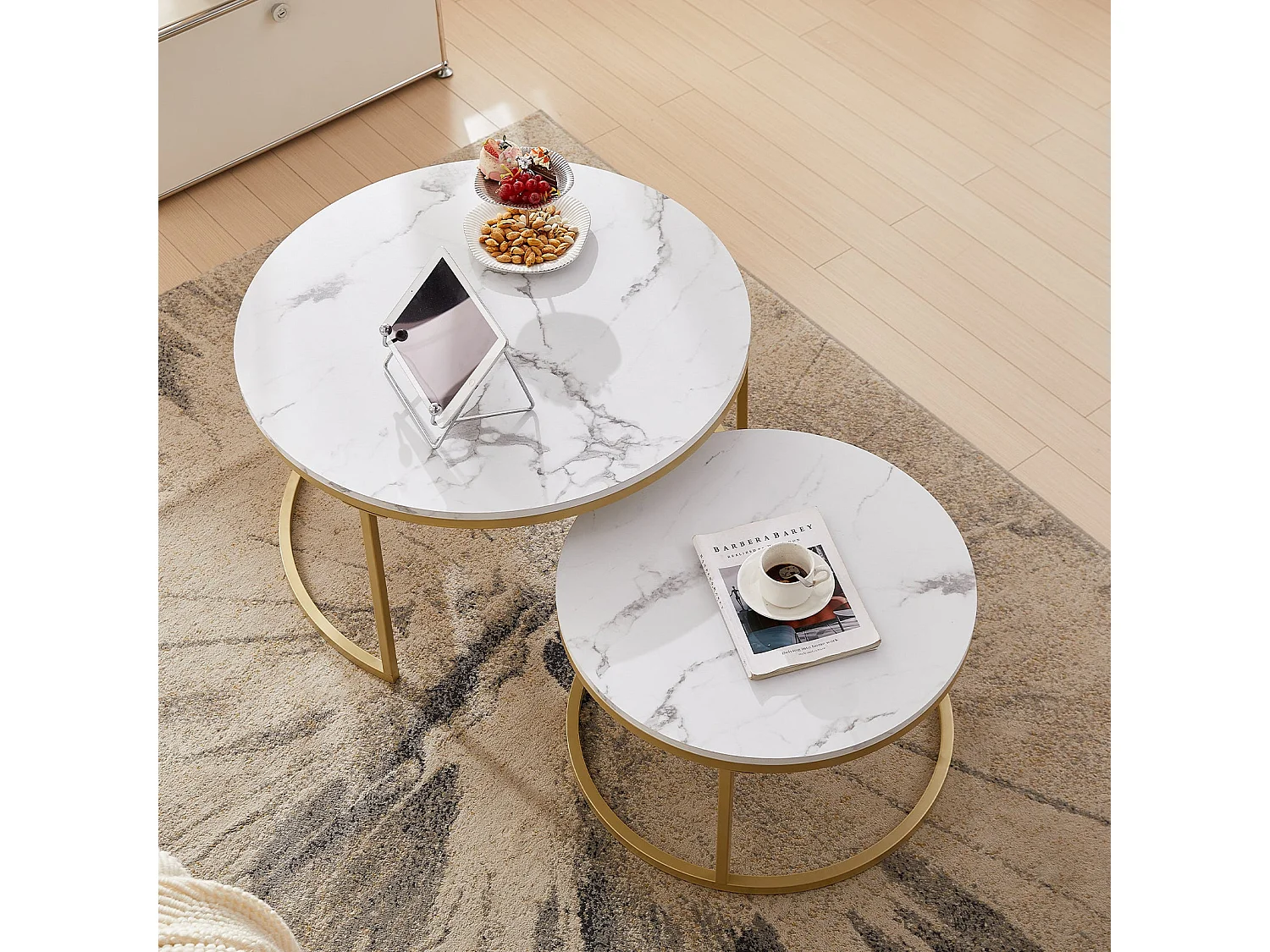 Lot de 2 table basse marbre-table basse gigogne Ronde-table salon-80x45cm/60x35cm-cadre en métal doré