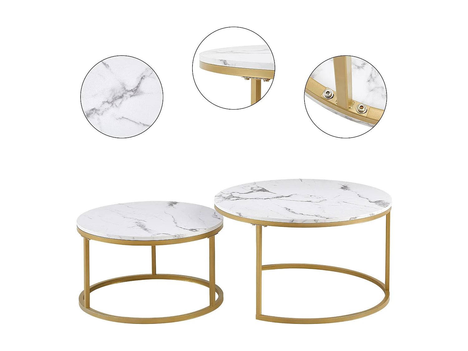 Lot de 2 table basse marbre-table basse gigogne Ronde-table salon-80x45cm/60x35cm-cadre en métal doré