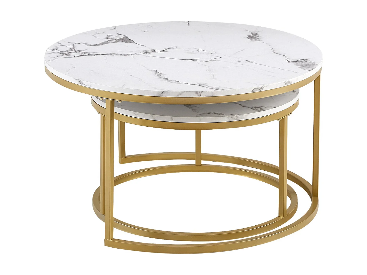 Lot de 2 table basse marbre-table basse gigogne Ronde-table salon-80x45cm/60x35cm-cadre en métal doré