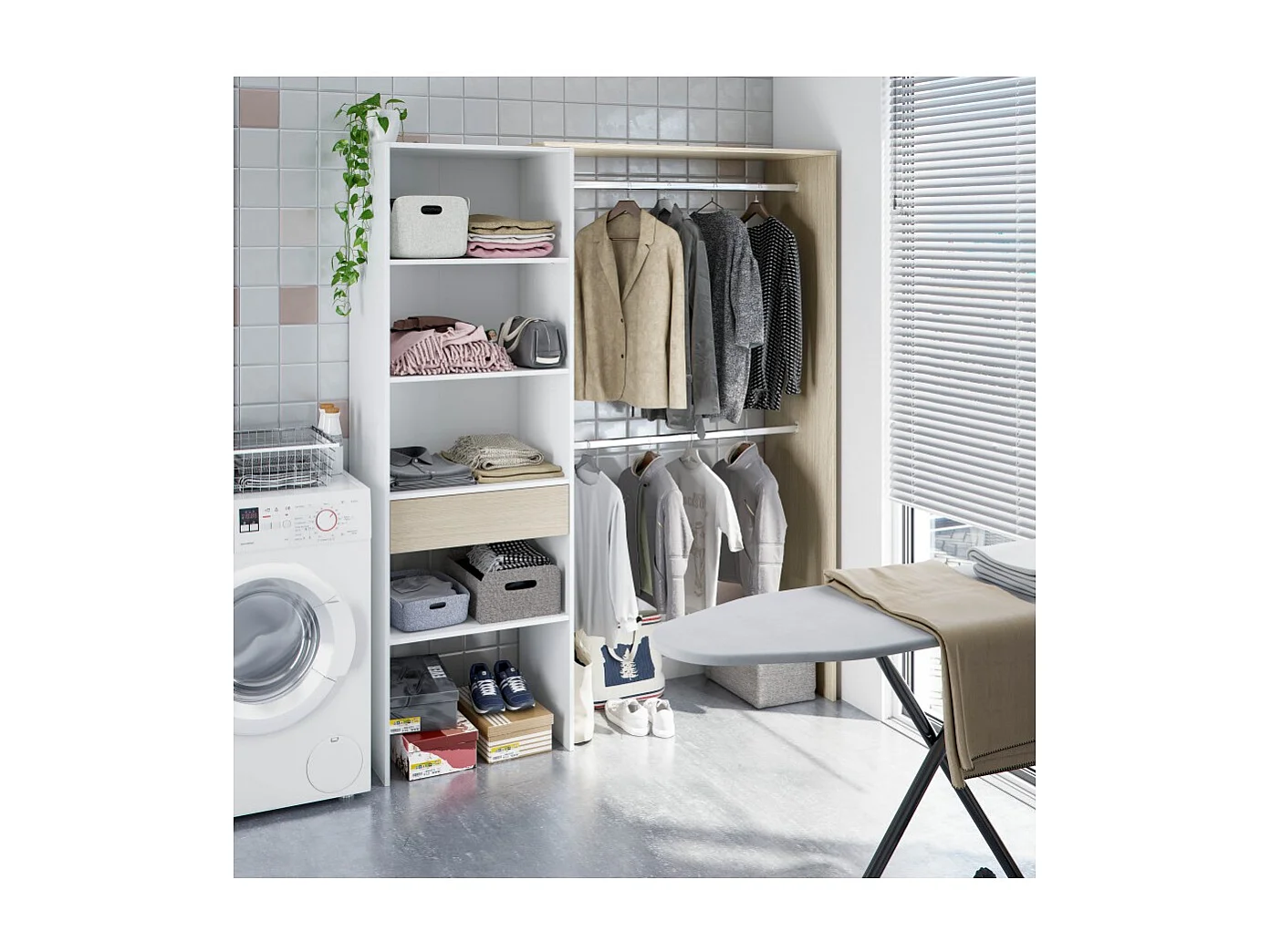 Armoire dressing avec étagère de rangement + 2 penderies + 1 tiroir coloris Blanc/chêne - Longueur 158x Hauteur 187x Profondeur 40cm