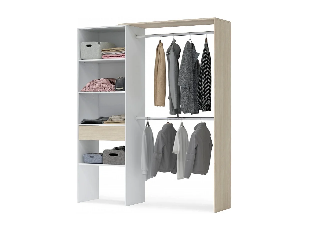 Armoire dressing avec étagère de rangement + 2 penderies + 1 tiroir coloris Blanc/chêne - Longueur 158x Hauteur 187x Profondeur 40cm