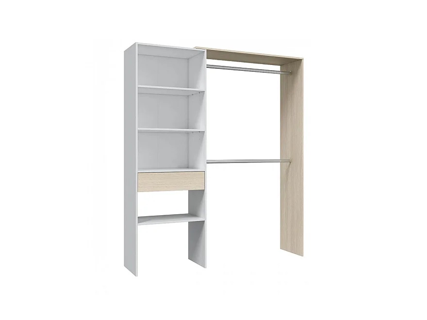 Armoire dressing avec étagère de rangement + 2 penderies + 1 tiroir coloris Blanc/chêne - Longueur 158x Hauteur 187x Profondeur 40cm