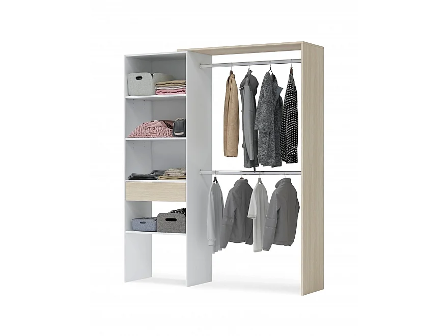 Armoire dressing avec étagère de rangement + 2 penderies + 1 tiroir coloris Blanc/chêne - Longueur 158x Hauteur 187x Profondeur 40cm