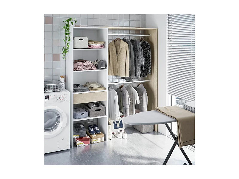 Armoire dressing avec étagère de rangement + 2 penderies + 1 tiroir coloris Blanc/chêne - Longueur 158x Hauteur 187x Profondeur 40cm
