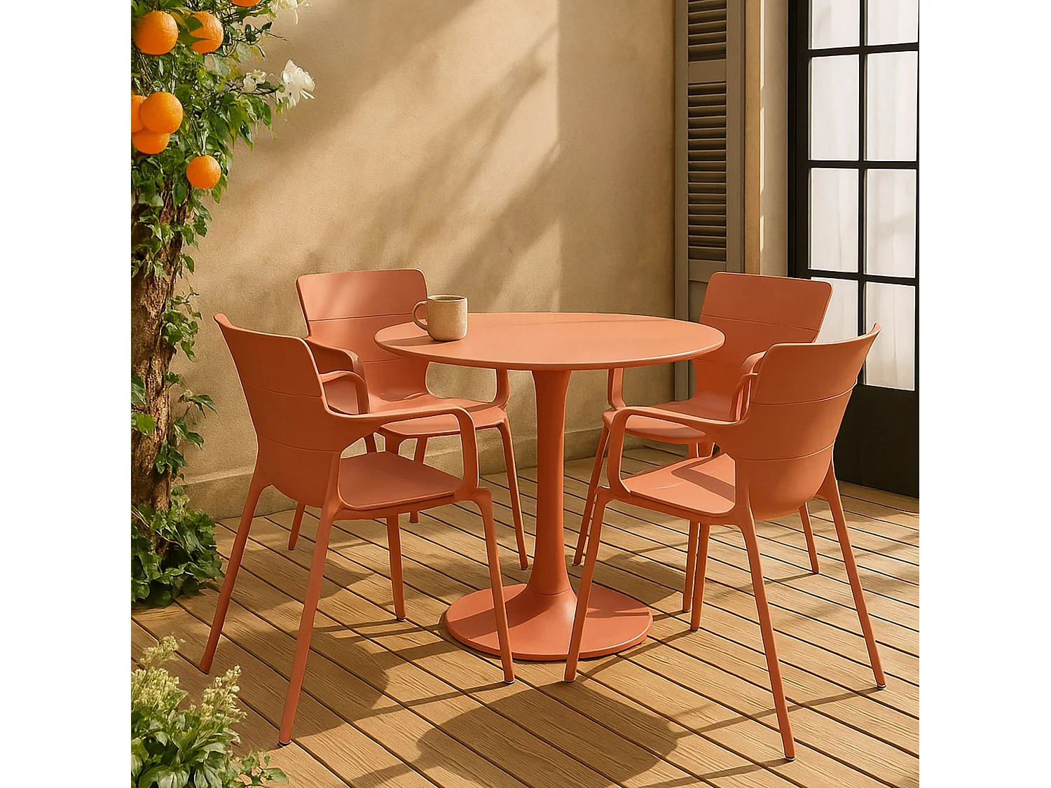 Now's Home - Salon De Jardin Table Et 4 Fauteuils En Polypopylene Et Metal Brique Montauk