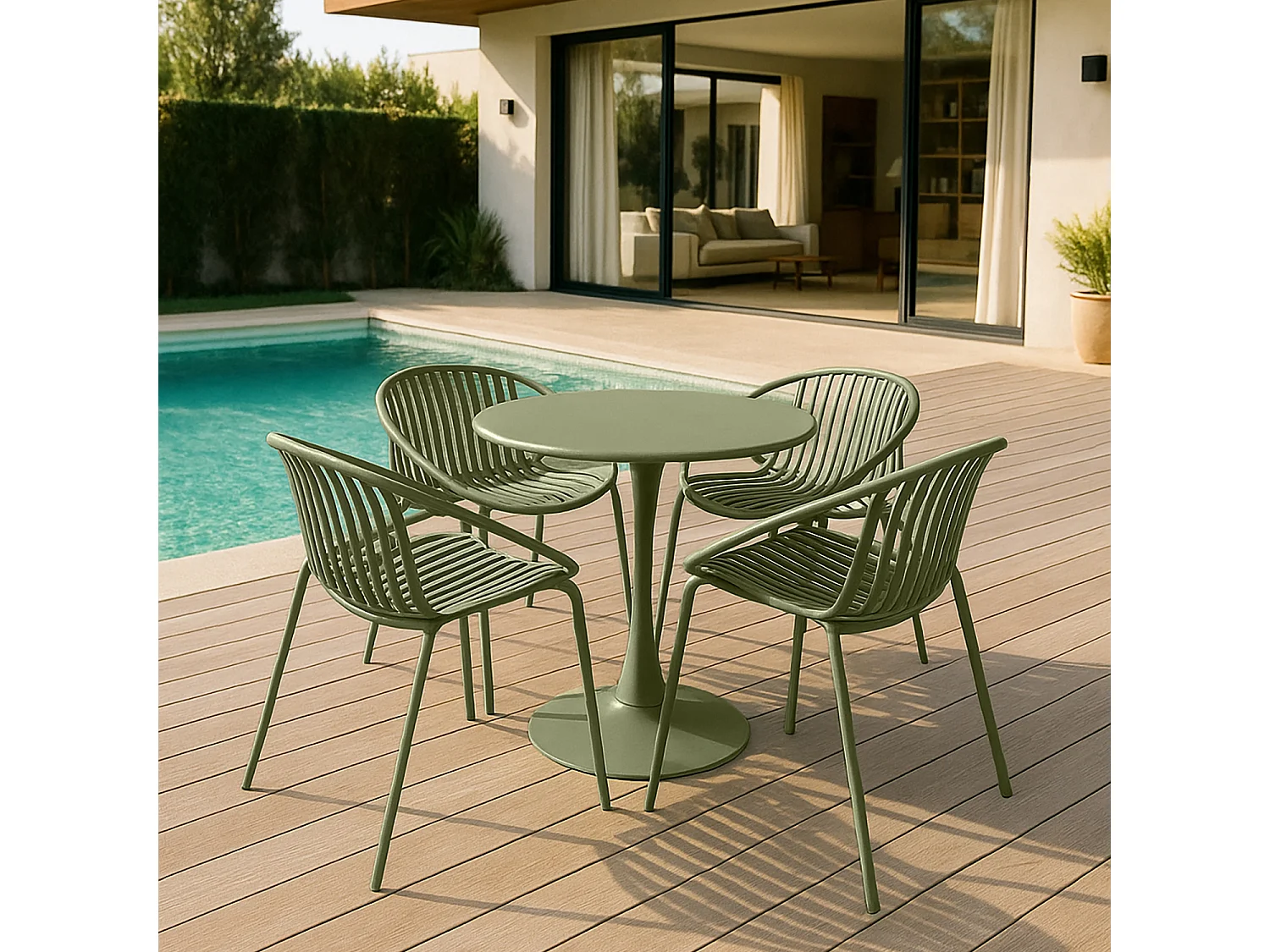 Now's Home - Salon De Jardin Table Et 4 Fauteuils En Polypopylene Et Metal Vert Calypso