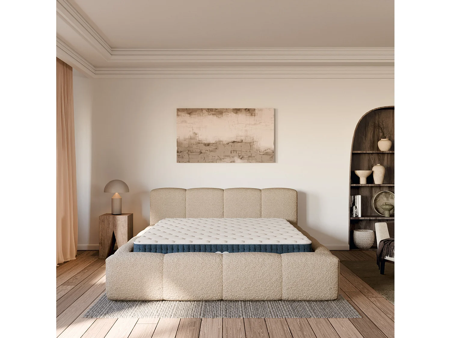 Ensemble matelas hybride et lit coffre beige tissu bouclé 160x200cm