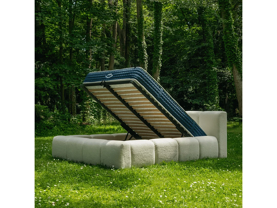 Ensemble matelas hybride et lit coffre beige tissu bouclé 160x200cm