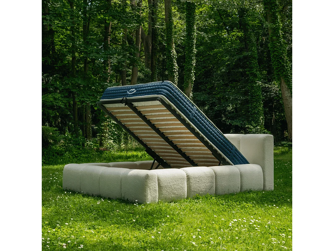 Ensemble matelas hybride et lit coffre beige tissu bouclé 160x200cm