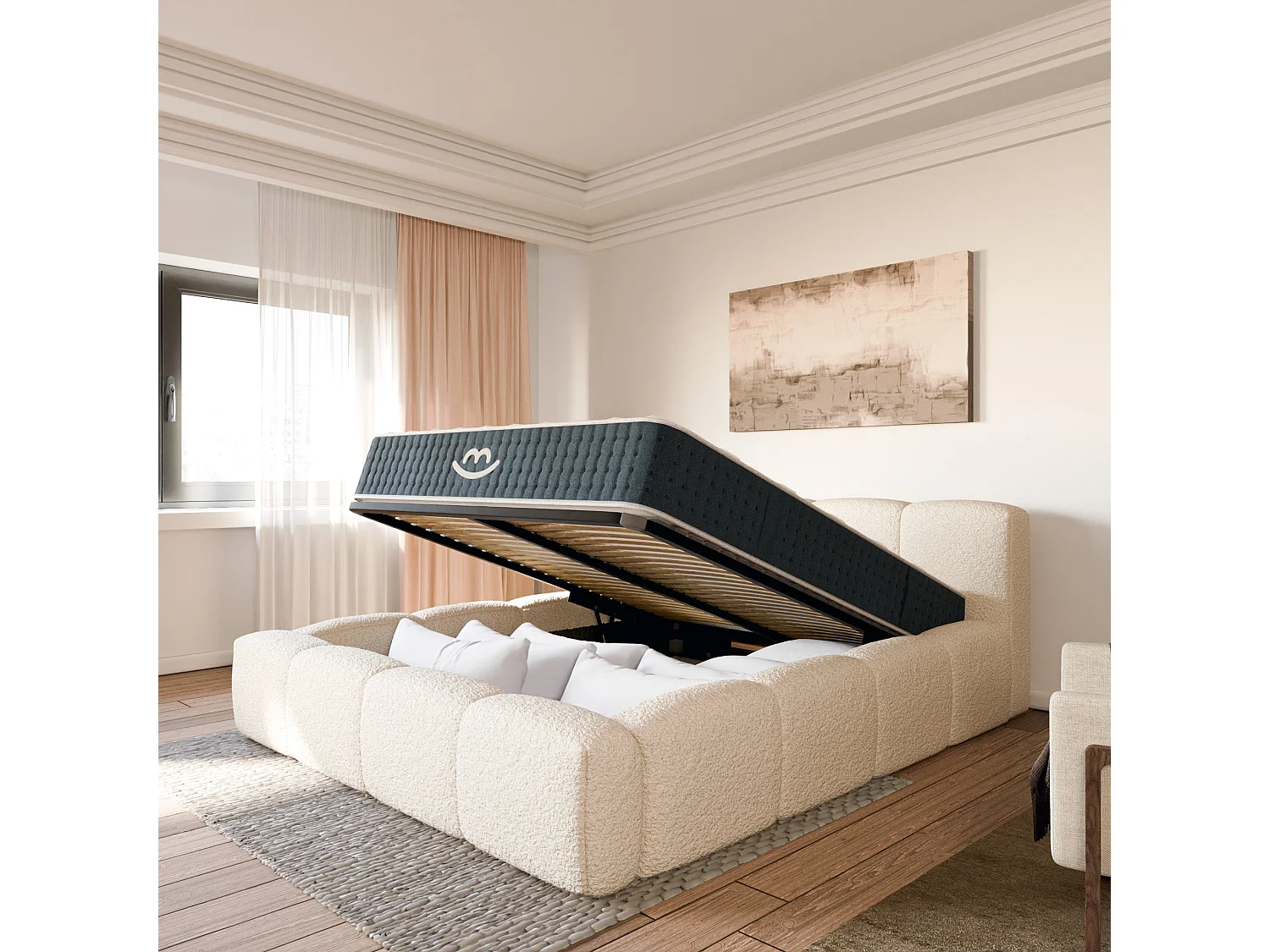 Ensemble matelas hybride et lit coffre beige tissu bouclé 180x200cm