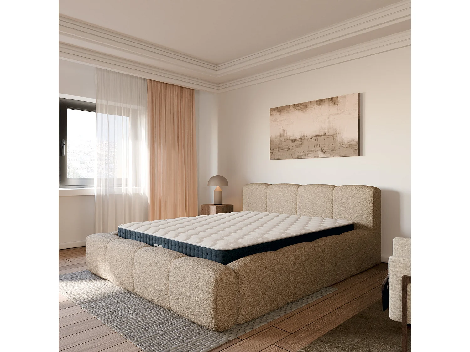Ensemble matelas hybride et lit coffre beige tissu bouclé 180x200cm