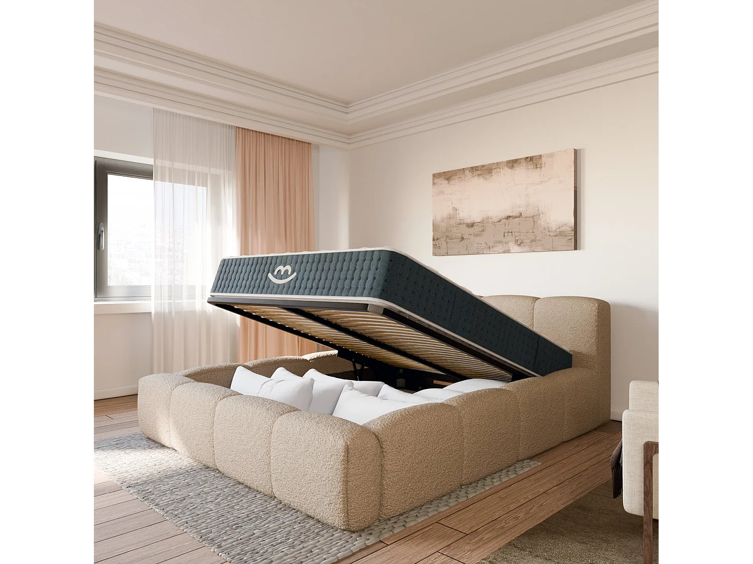 Ensemble matelas hybride et lit coffre beige tissu bouclé 180x200cm