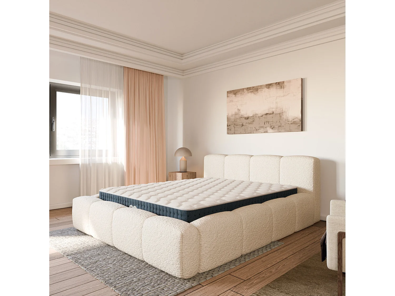 Ensemble matelas hybride et lit coffre beige tissu bouclé 140x190cm
