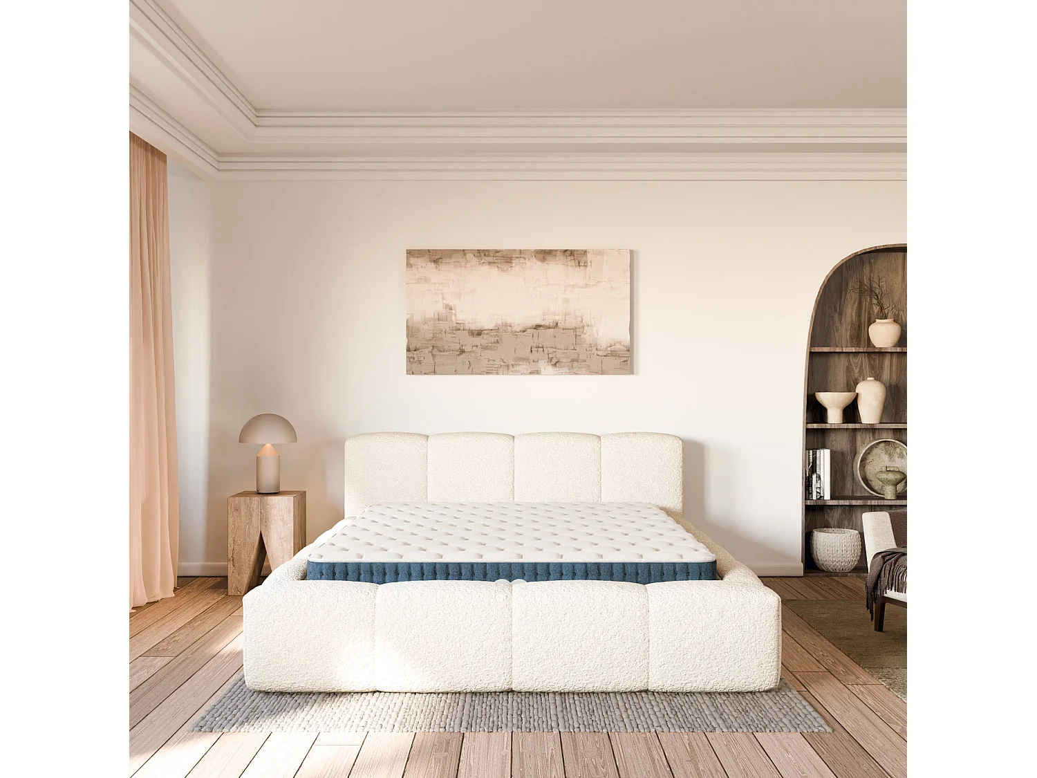 Ensemble matelas hybride et lit coffre beige tissu bouclé 140x190cm