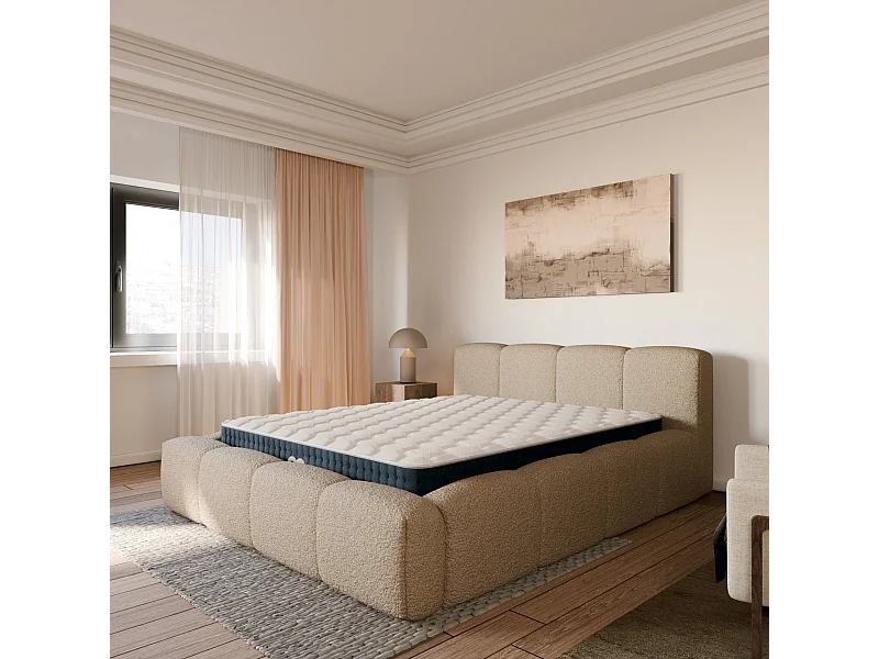 Ensemble matelas hybride et lit coffre beige tissu bouclé 140x190cm