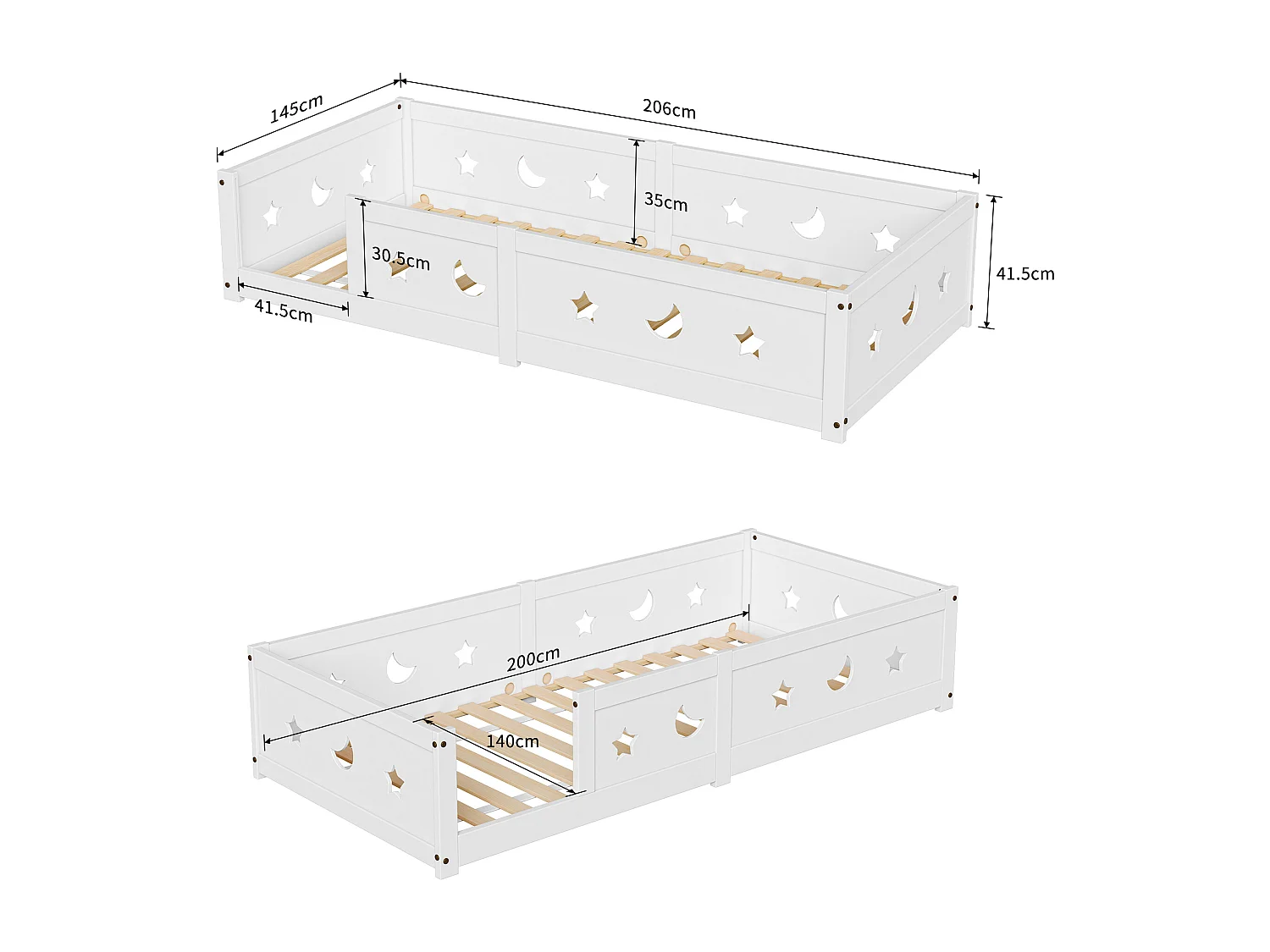 Lit enfant Montessori 140×200 cm en bois massif de pin avec barrière de sécurité et motifs lune et étoiles – Blanc