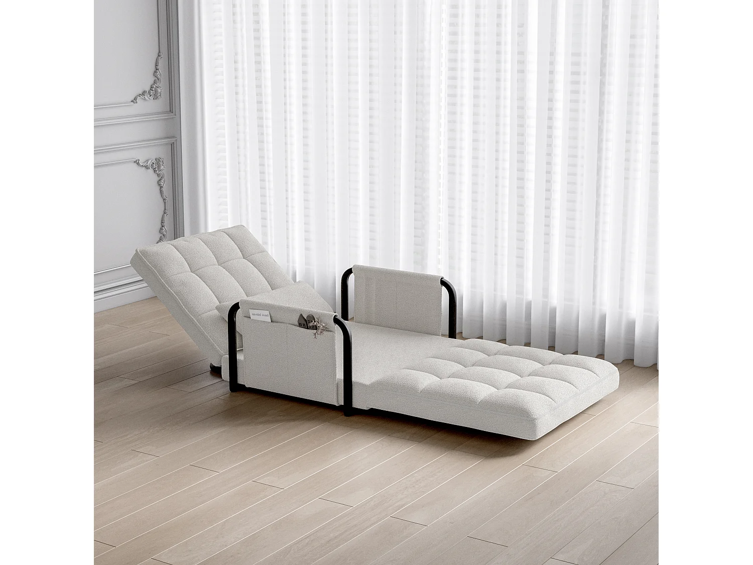 Canapé-lit réglable 5 positions en tissu bouclette avec accoudoirs de rangement – Coloris blanc cassé