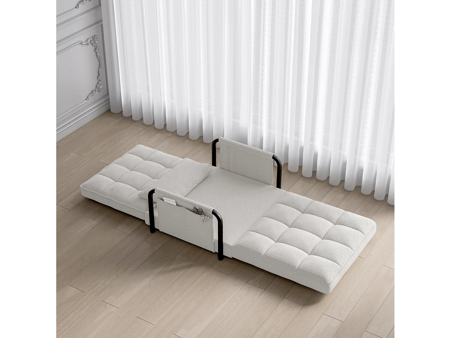 Canapé-lit réglable 5 positions en tissu bouclette avec accoudoirs de rangement – Coloris blanc cassé