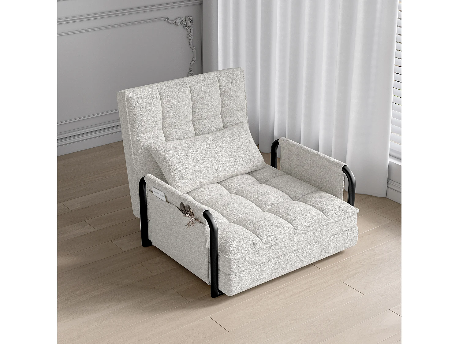 Canapé-lit réglable 5 positions en tissu bouclette avec accoudoirs de rangement – Coloris blanc cassé