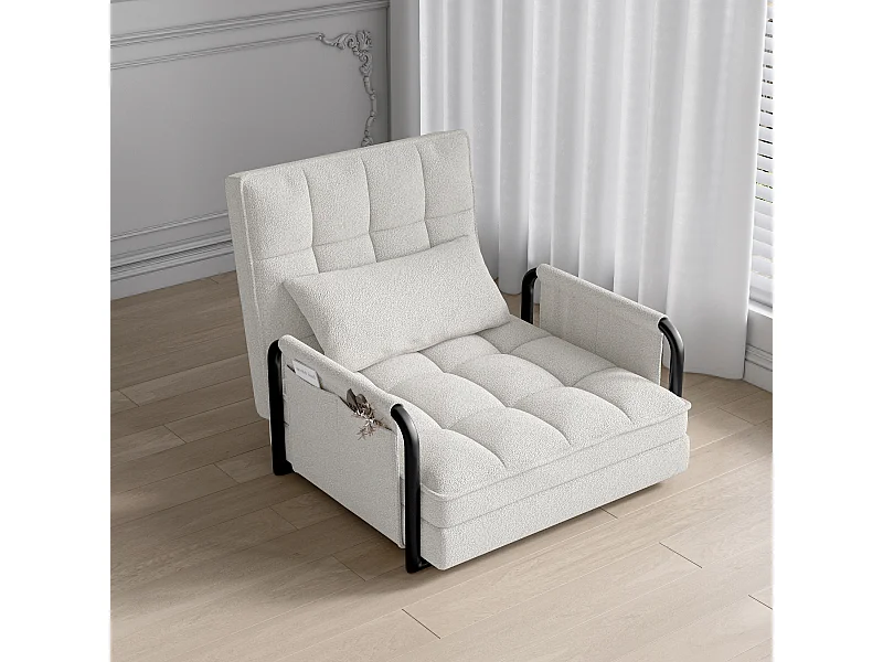 Sofá-cama ajustável em 5 posições, revestido em tecido bouclé, com apoios de braço com arrumação – Branco-creme