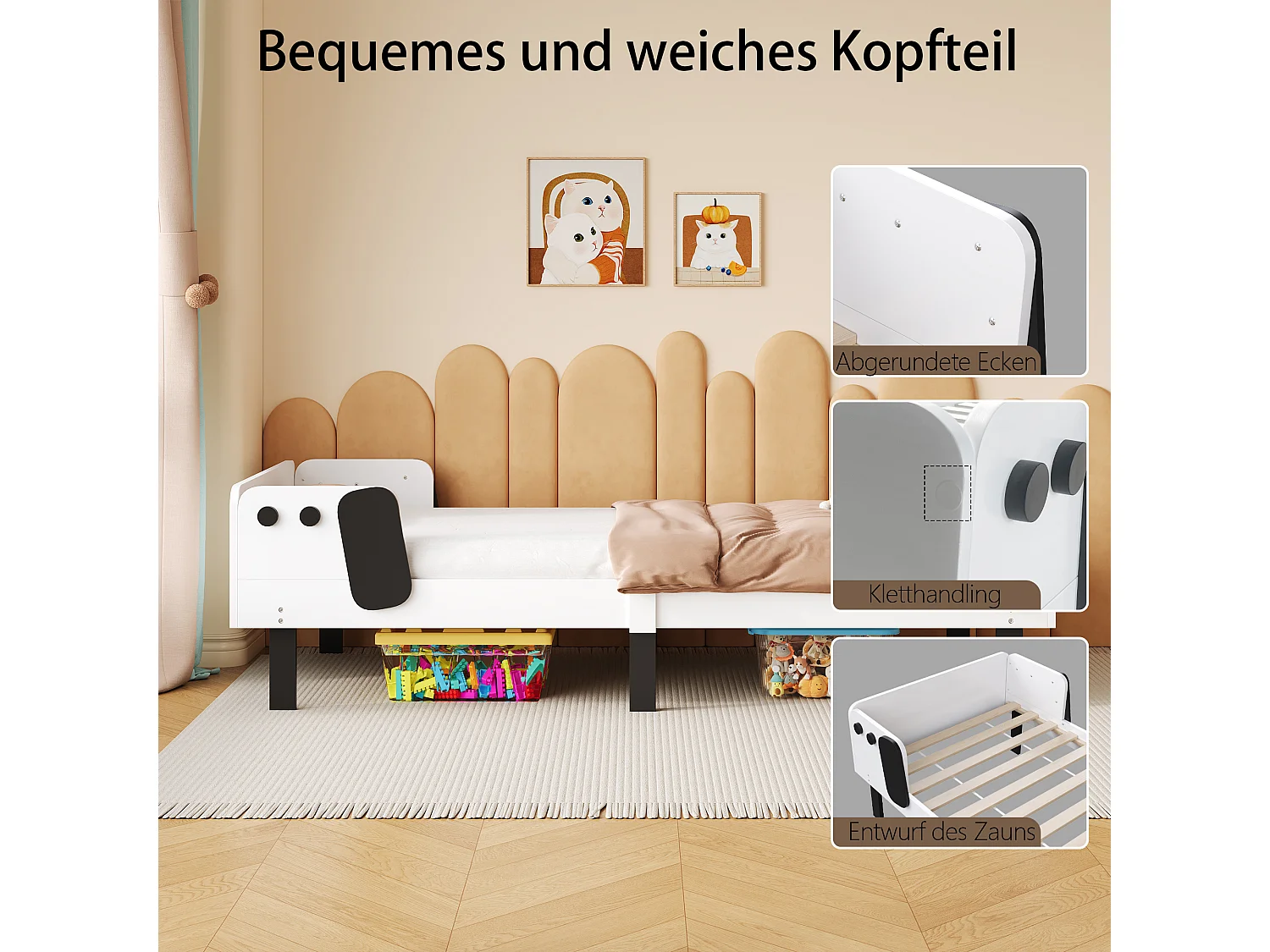 Łóżko dziecięce 90×200 cm w kształcie pieska z bezpieczną barierką, solidne drewno – białe