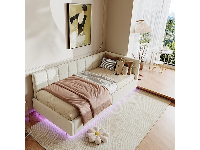 Lit 90×200 cm avec tête de lit LED et rangement, charge USB & Type-C, éclairage RGB avec télécommande – Design en tissu velours beige