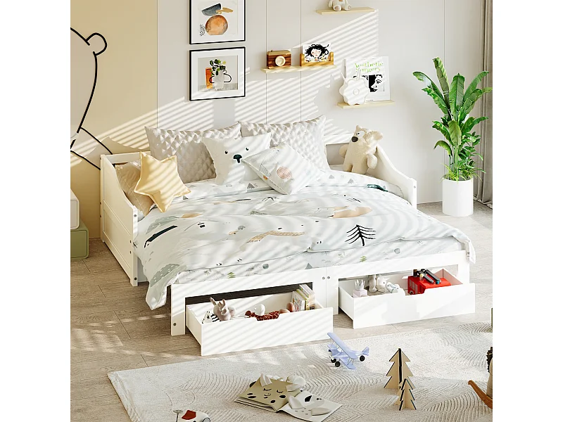 Lit banquette extensible 90×200 cm en bois massif avec 2 tiroirs de rangement – Transformable en lit double 180×200 cm