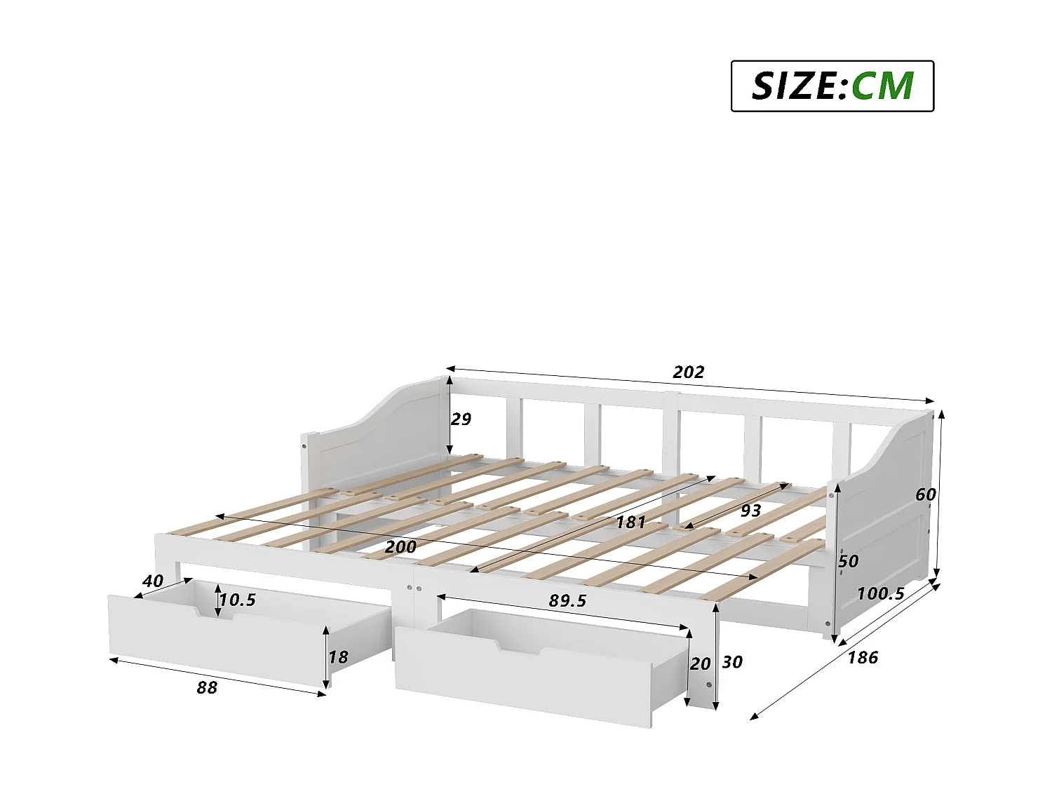 Lit banquette extensible 90×200 cm en bois massif avec 2 tiroirs de rangement – Transformable en lit double 180×200 cm