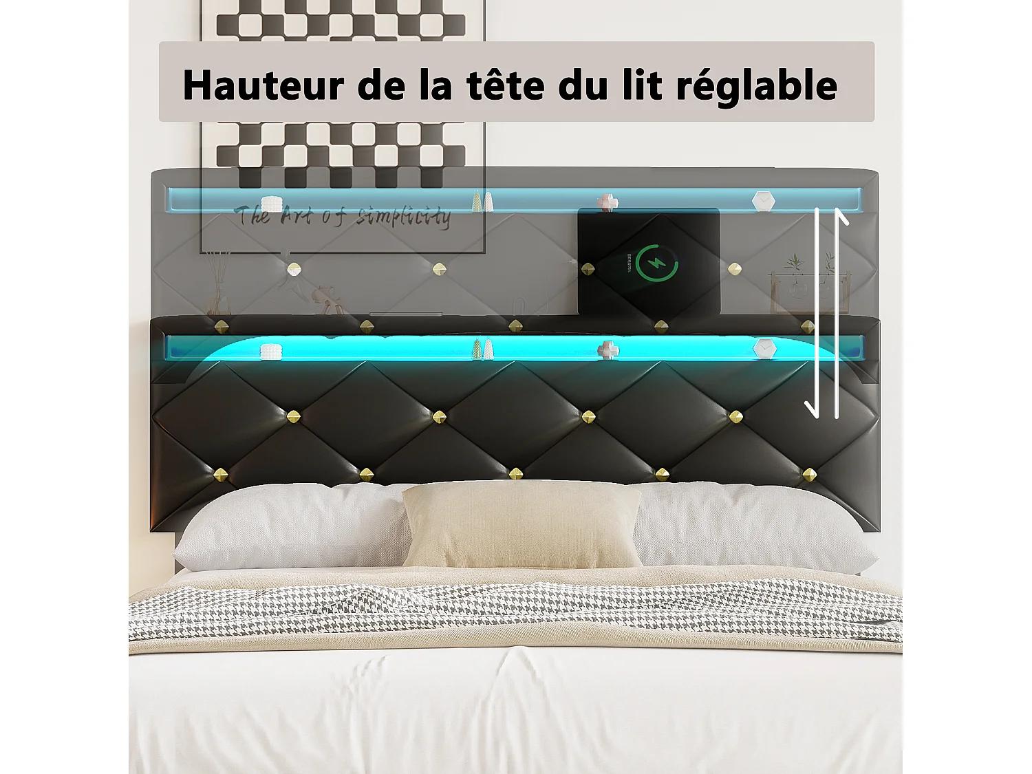 Lit 140×190 cm avec éclairage LED et tête de lit réglable, structure métallique et revêtement en PU – Design moderne et élégant