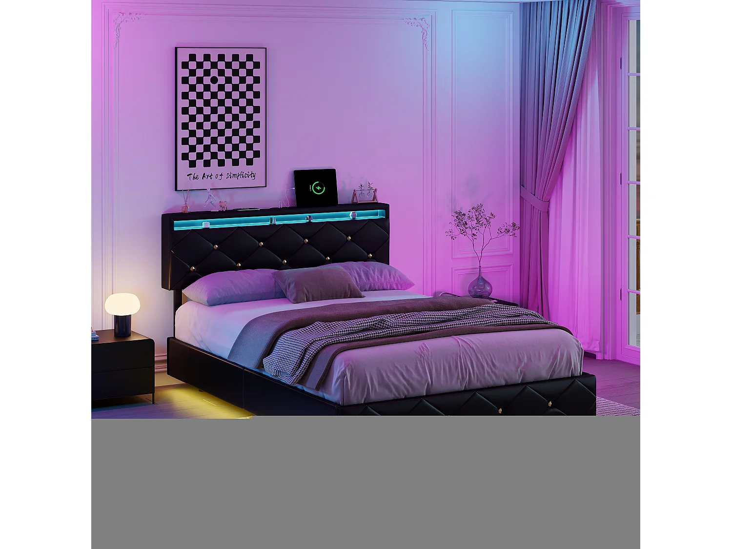 Lit 140×190 cm avec éclairage LED et tête de lit réglable, structure métallique et revêtement en PU – Design moderne et élégant