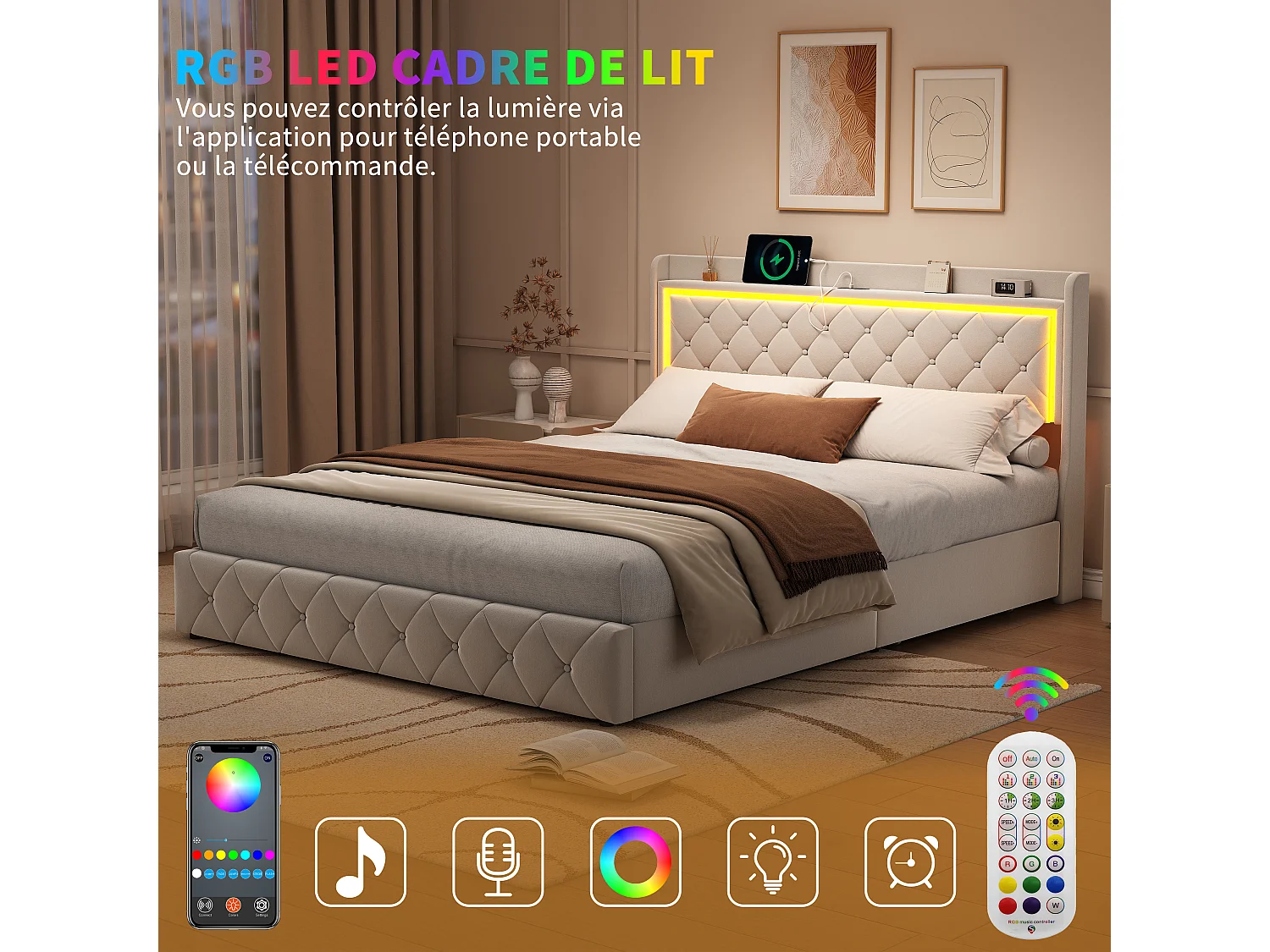 Lit 160×200 cm en velours beige avec tête de lit LED, rangement à gaz, ports USB et Type-C