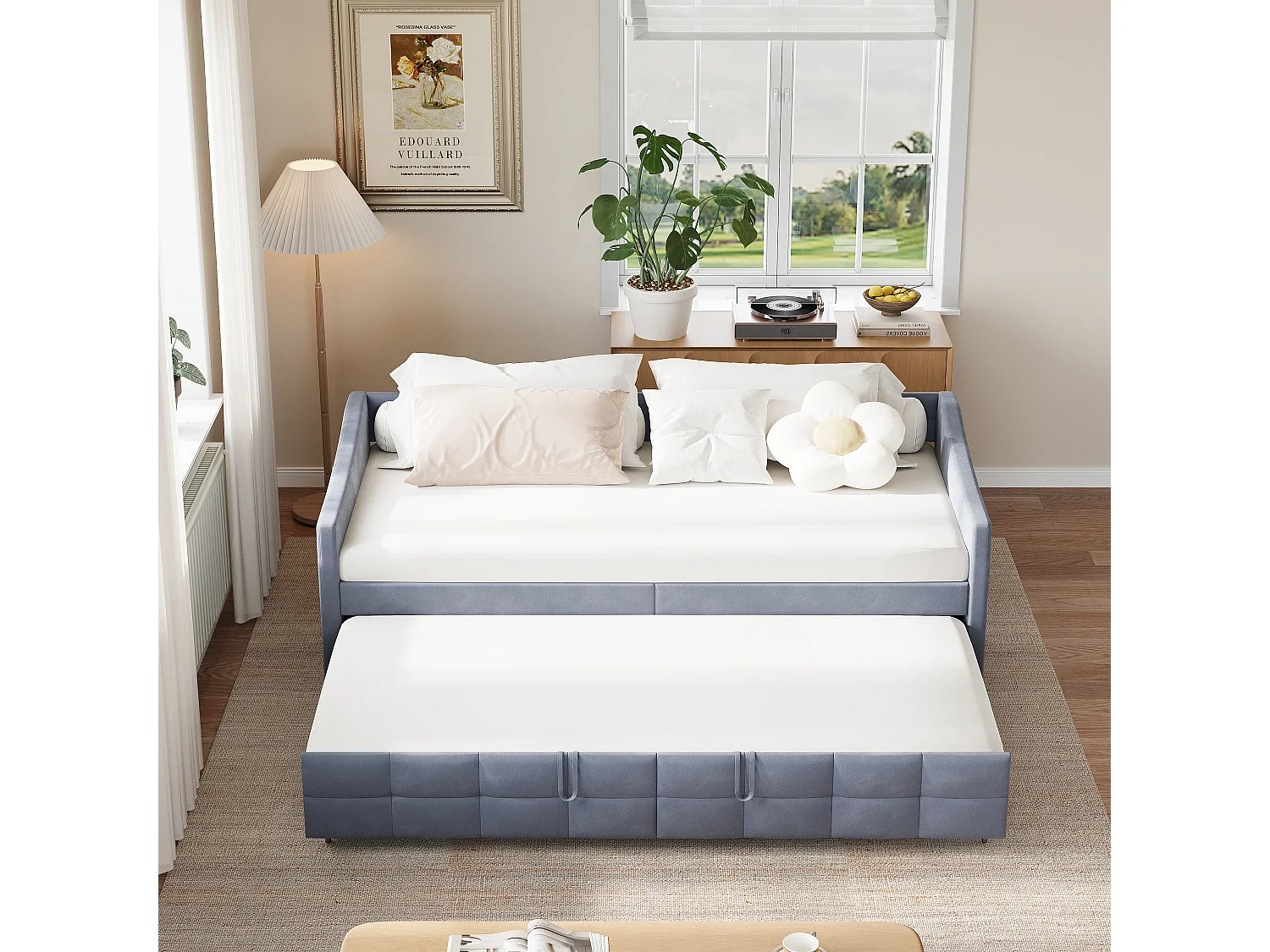 Lit cabane 90×200 cm en bois massif avec tableau noir, barrière, 2 tiroirs et sommier – Blanc – Sans matelas