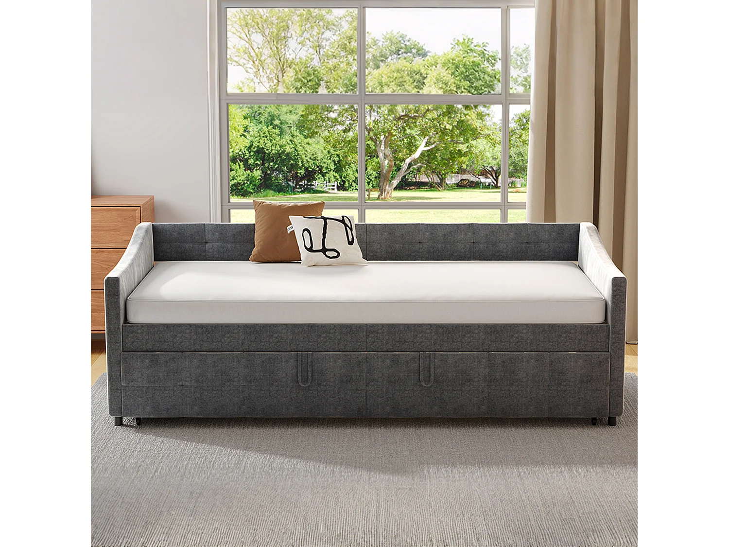 Lit cabane 90×200 cm en bois massif avec tableau noir, barrière, 2 tiroirs et sommier – Blanc – Sans matelas