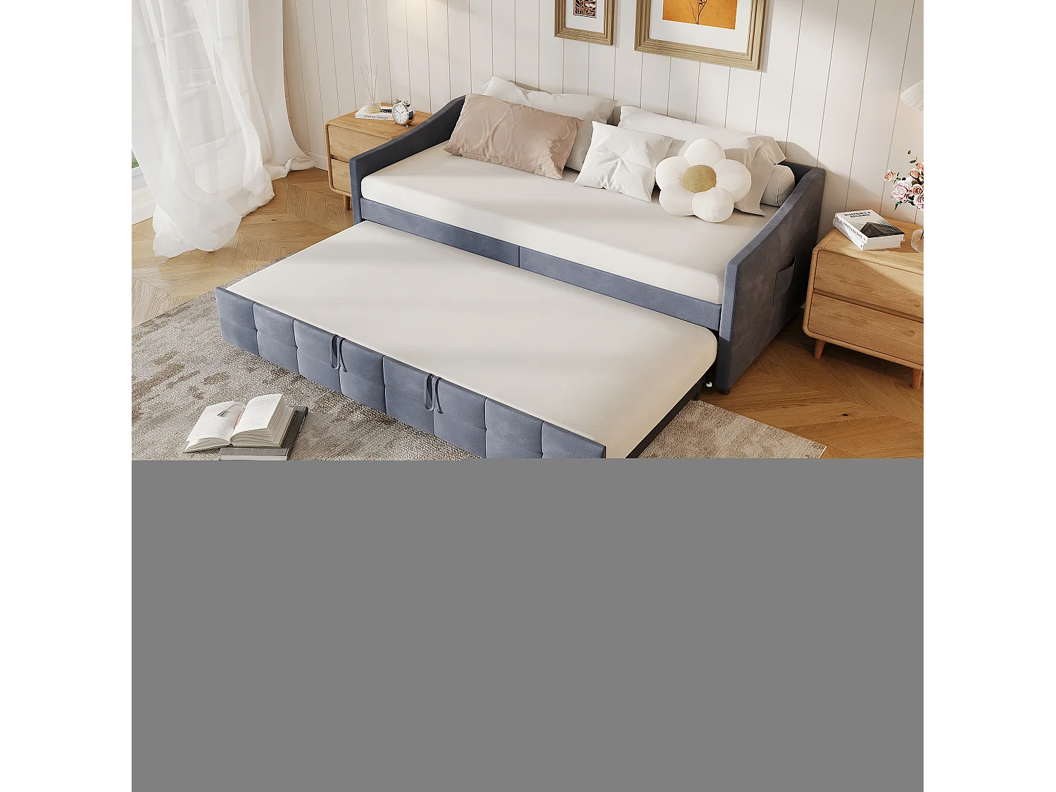 Lit cabane 90×200 cm en bois massif avec tableau noir, barrière, 2 tiroirs et sommier – Blanc – Sans matelas