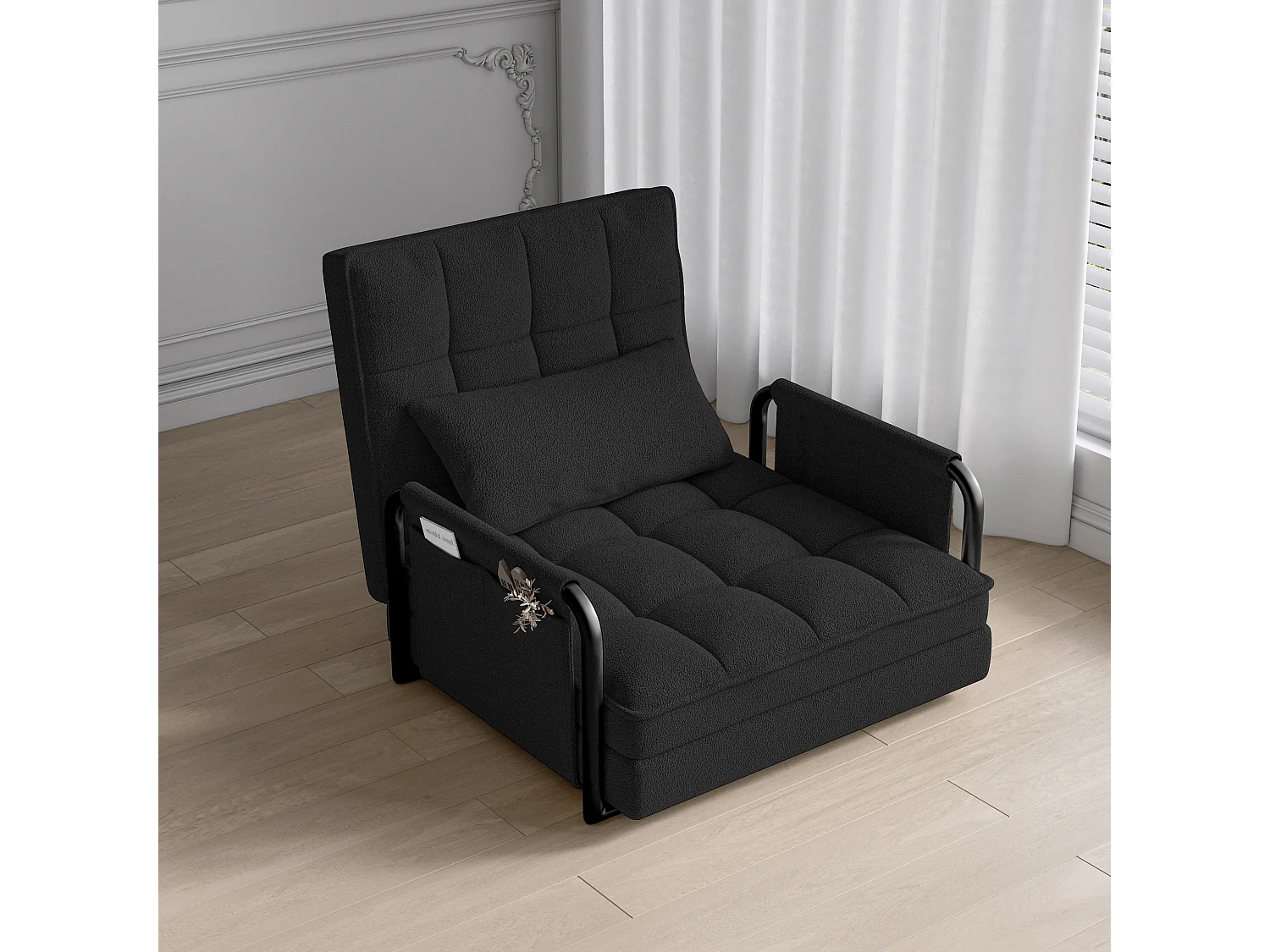 Canapé-lit réglable 5 positions en tissu bouclette avec accoudoirs de rangement – Coloris Noir