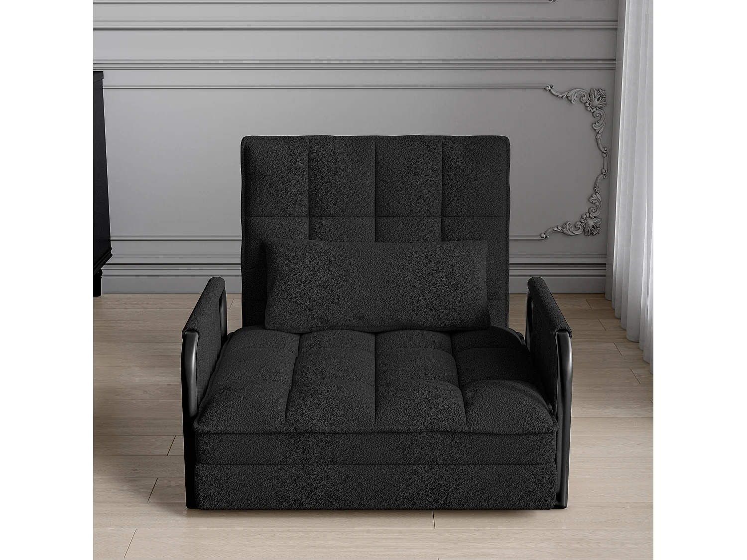 Canapé-lit réglable 5 positions en tissu bouclette avec accoudoirs de rangement – Coloris Noir