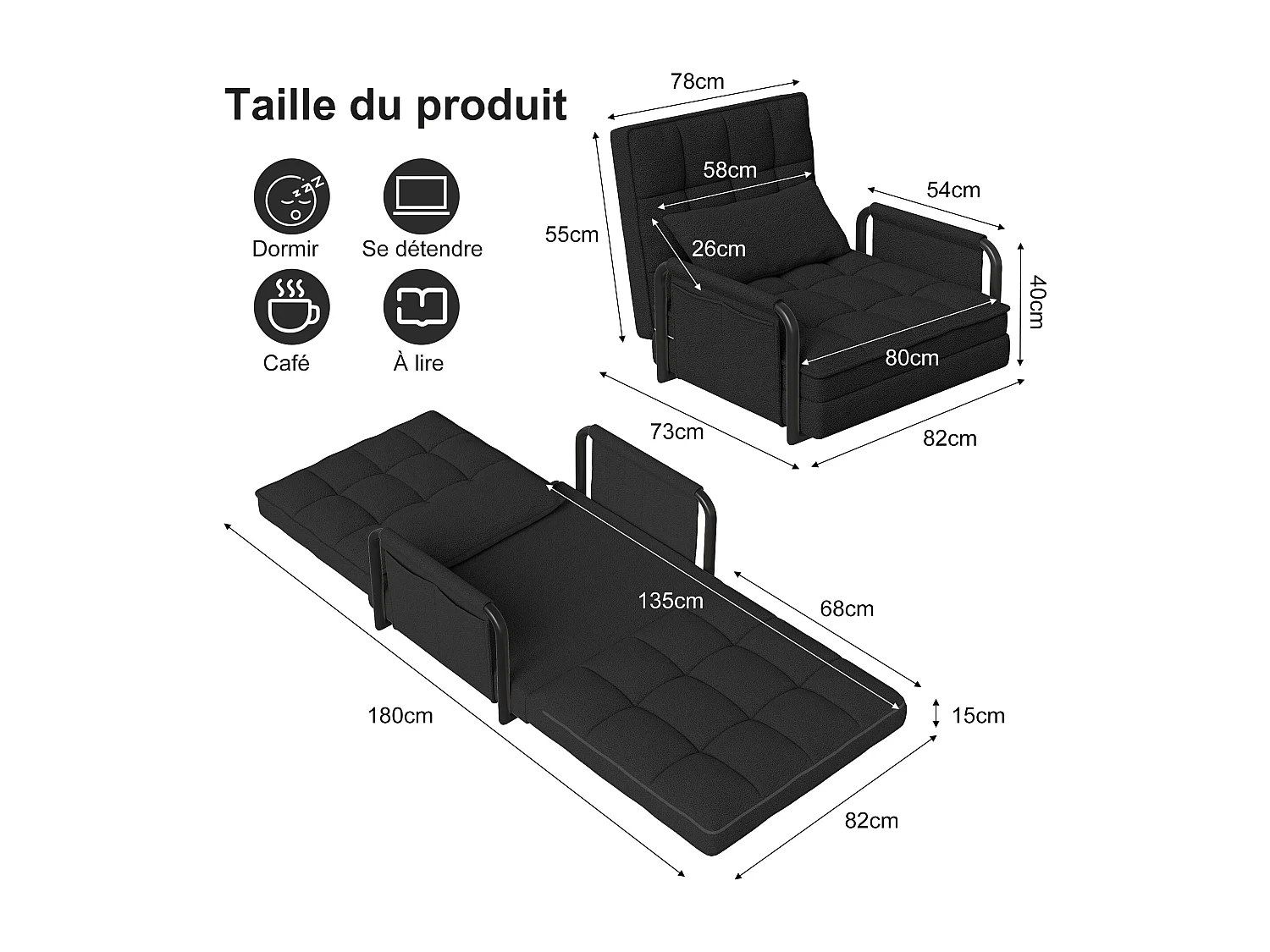 Canapé-lit réglable 5 positions en tissu bouclette avec accoudoirs de rangement – Coloris Noir