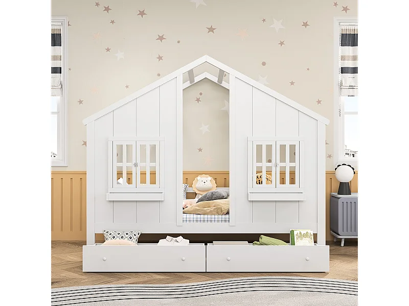 Rama łóżka dziecięcego 90×200 cm z litego drewna w kolorze białym z 2 szufladami