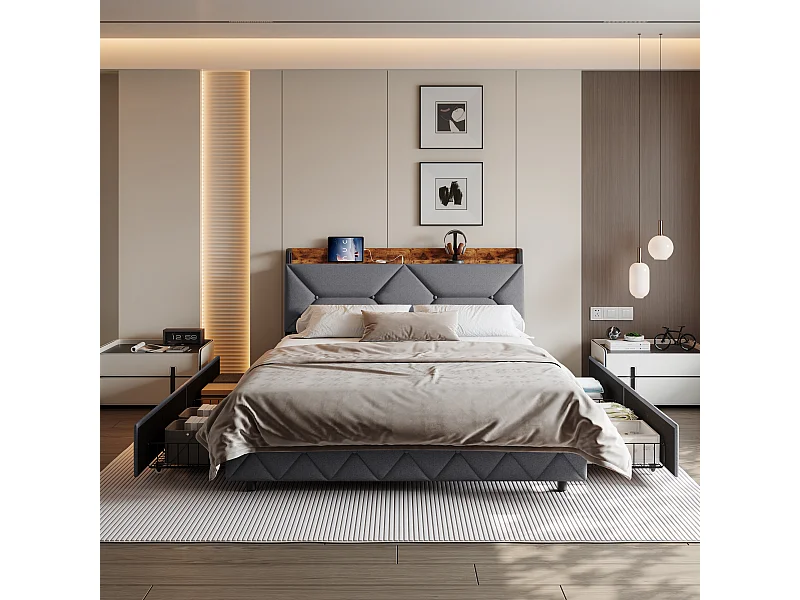 Lit double 160×200 cm en bois et métal avec tête de lit ergonomique inclinée à 95°, rangements intégrés, ports USB/Type-C et 4 grands tiroirs