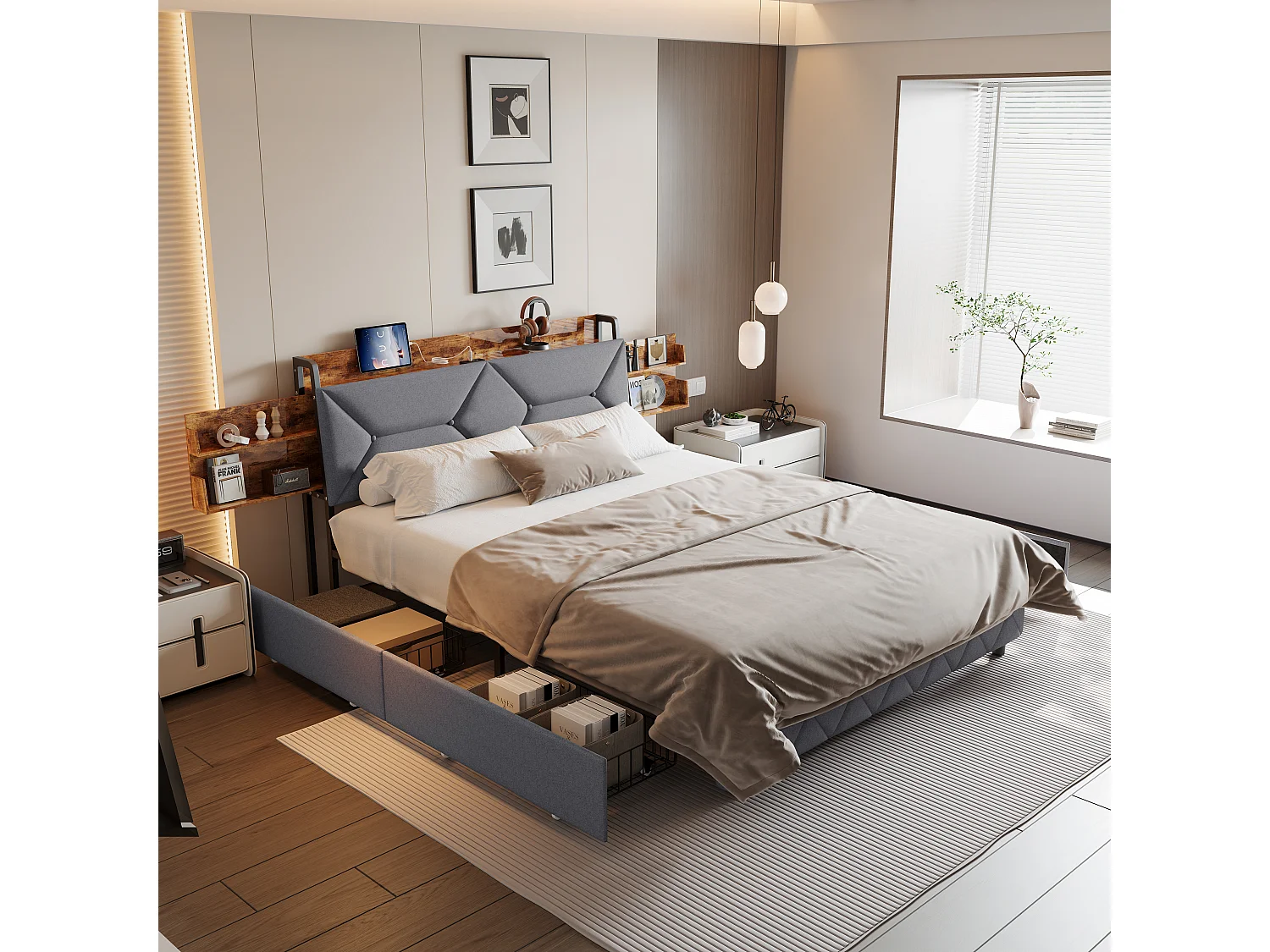 Lit double 160×200 cm en bois et métal avec tête de lit ergonomique inclinée à 95°, rangements intégrés, ports USB/Type-C et 4 grands tiroirs